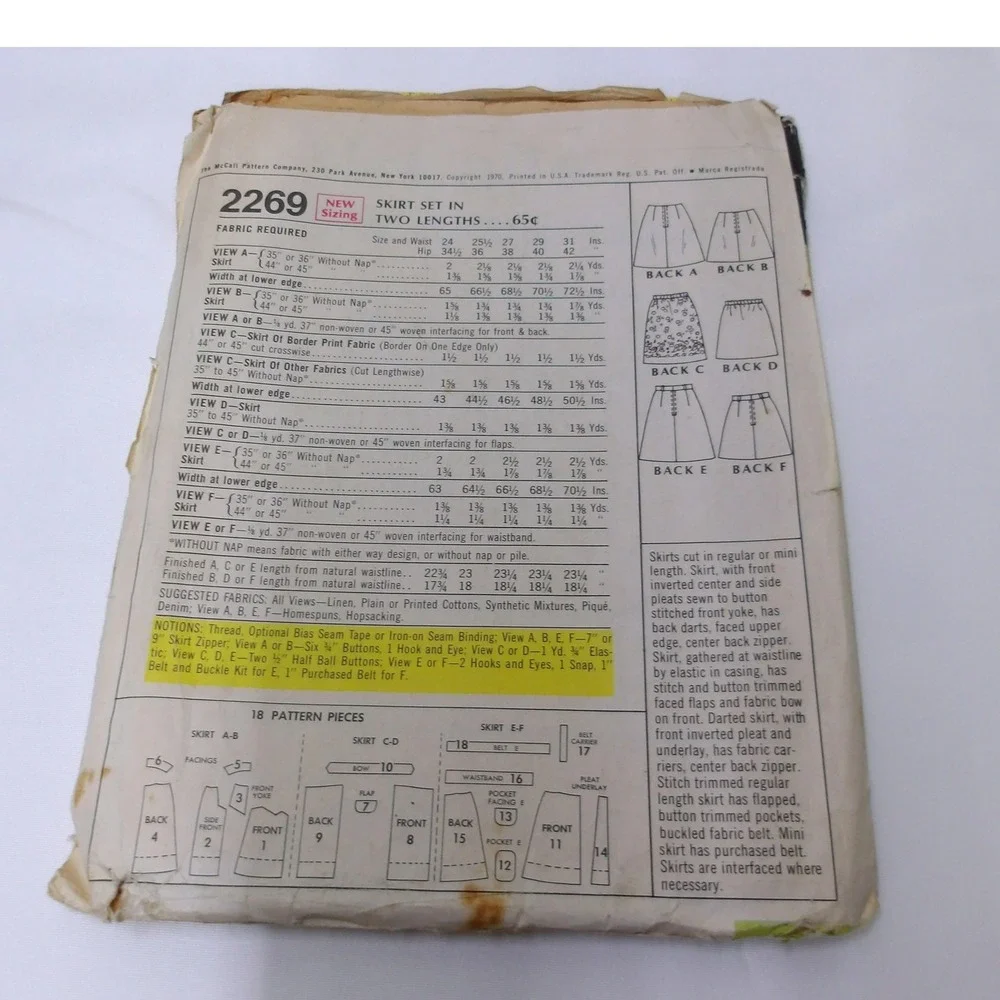McCall's Sewing Pattern 2269 Skirt Set in Two‎ Lengths Vintage / #6351
